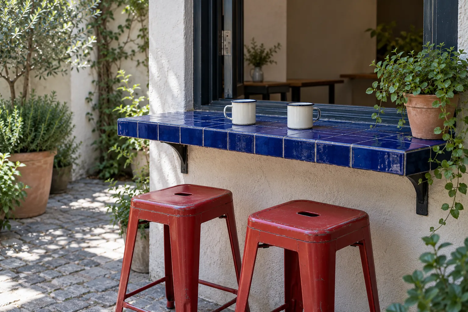Illustration: Two enamel cups sit on a cobalt tiled serving sill above red stools in a small courtyard, shown wide in crisp morning shade.