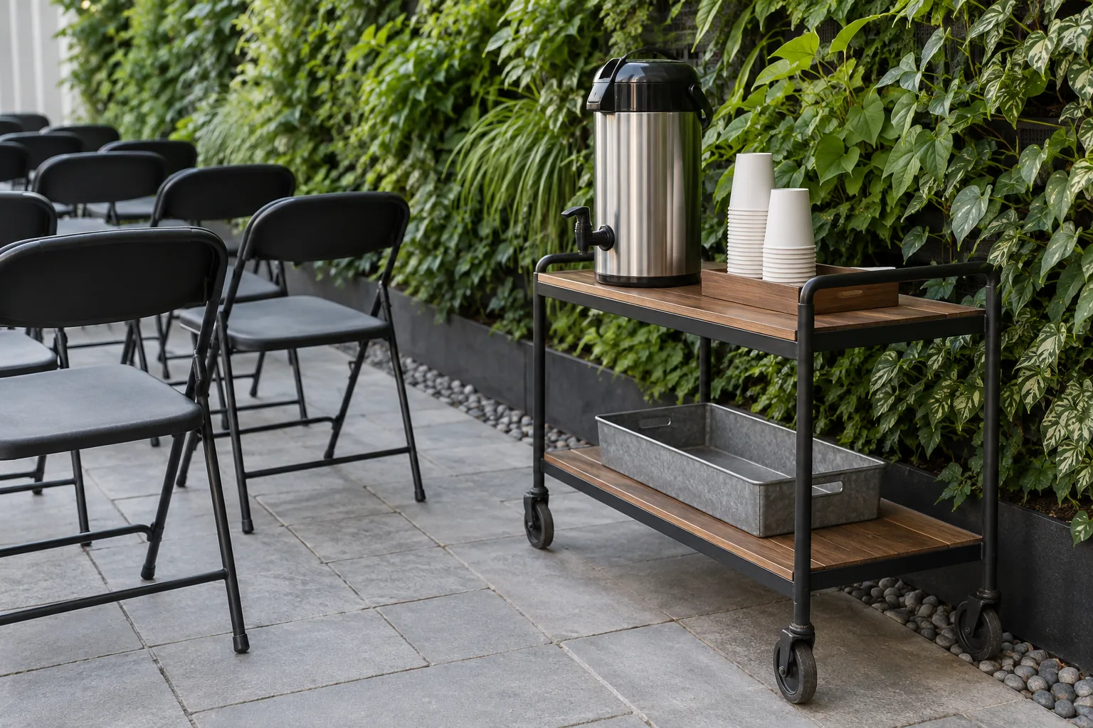 Illustration: A stainless coffee dispenser and plain cups stand on a narrow cart beside folding chairs, gray paving and a green wall, seen diagonally.
