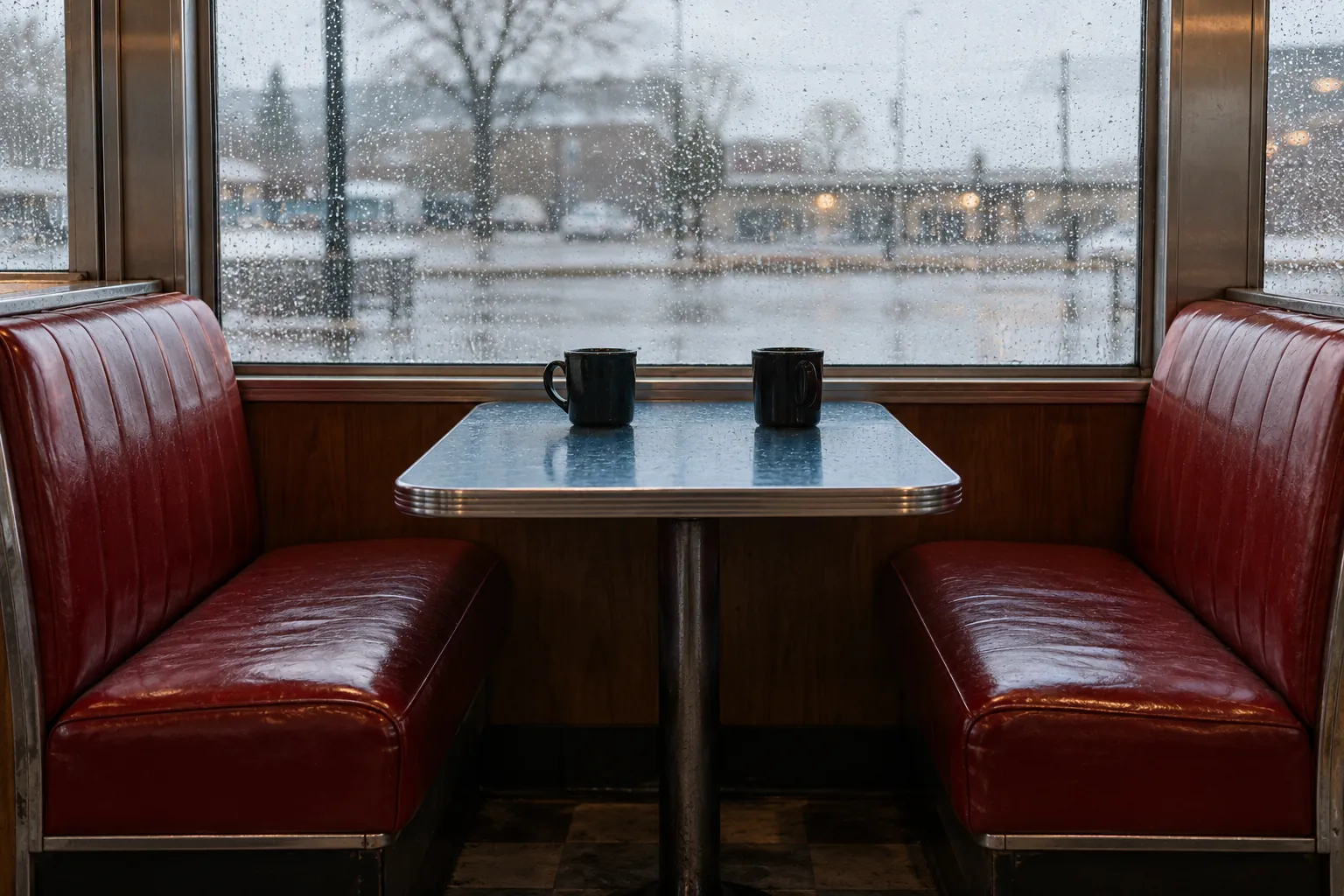 Illustration: Two dark cups sit on blue laminate between red vinyl booth seats beside rain-speckled glass, framed from the aisle in soft gray light.