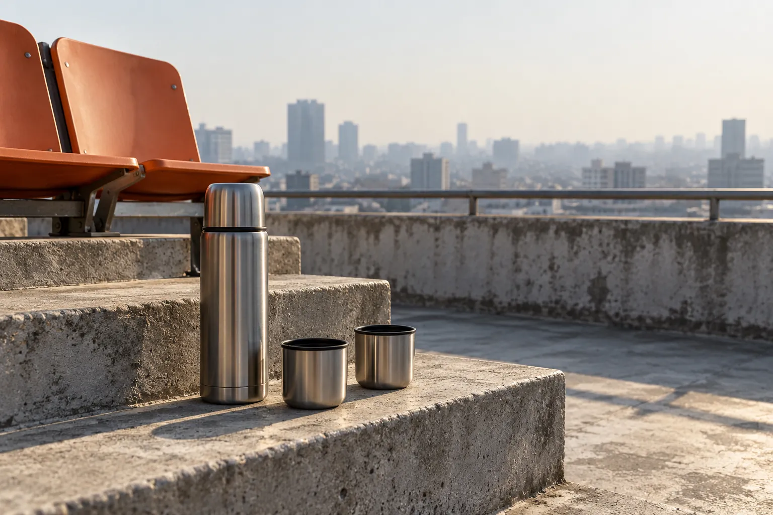 Illustration: A steel flask and two cups rest on a concrete rooftop step beside orange folding seats, with an anonymous low skyline in hazy daylight.