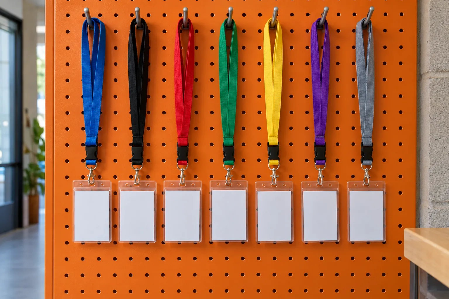 Illustration: Blank name badges, plain lanyards and clear card sleeves hang from an orange pegboard in a community entryway, shown close and frontally.