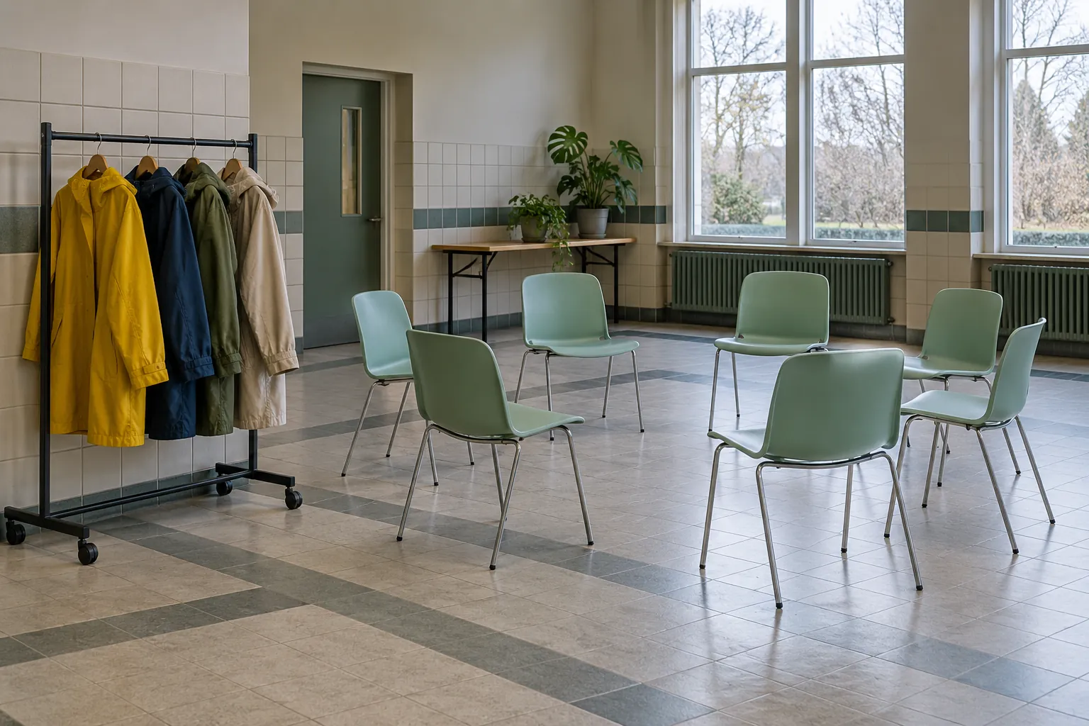 Illustration: Raincoats hang on a freestanding rack beside a circle of mint chairs in a tiled civic room, seen wide with cool daylight.