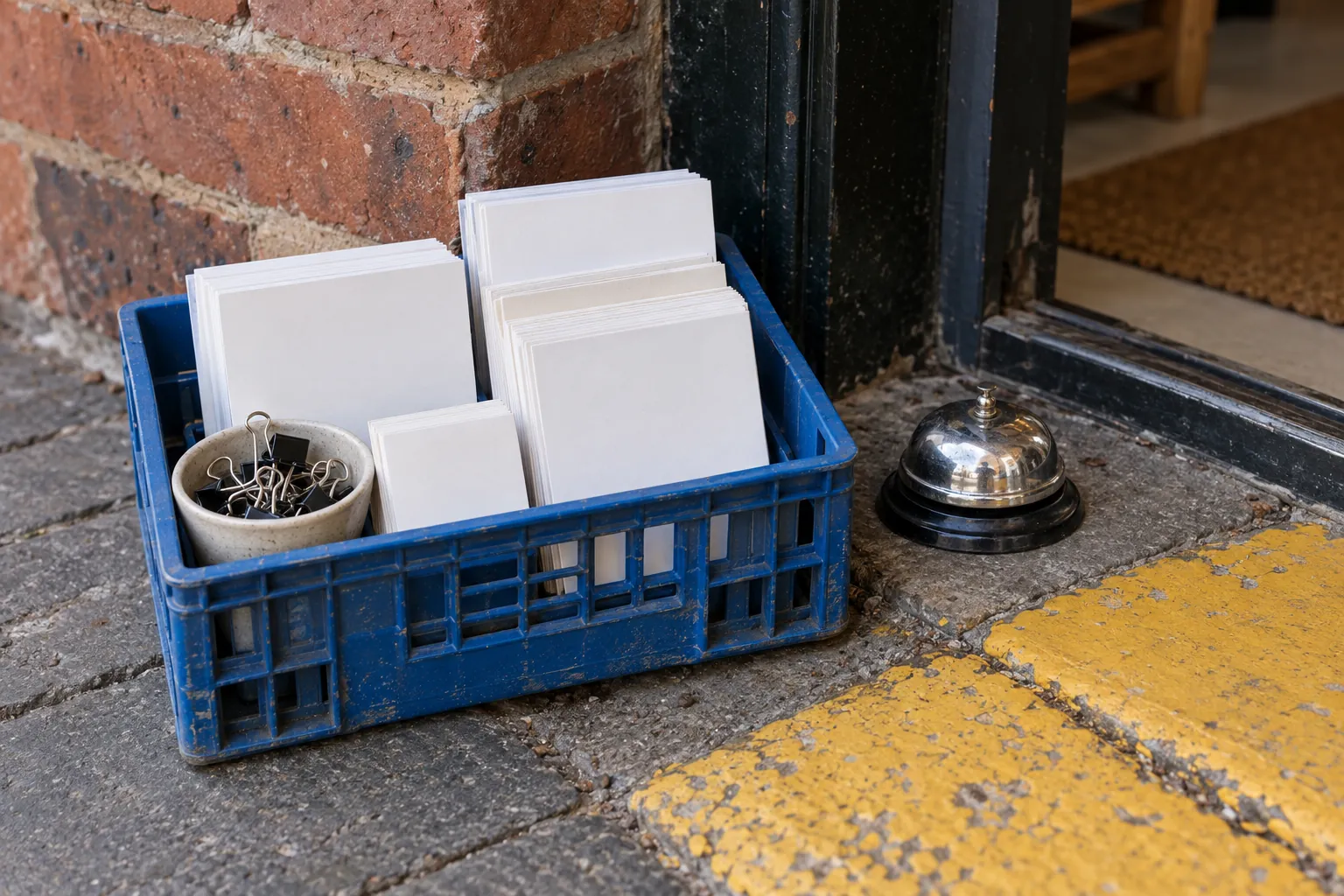 Illustration: A blue crate of blank cards, clips and a small desk bell rests beside a brick doorway and yellow painted paving, in a low close view.