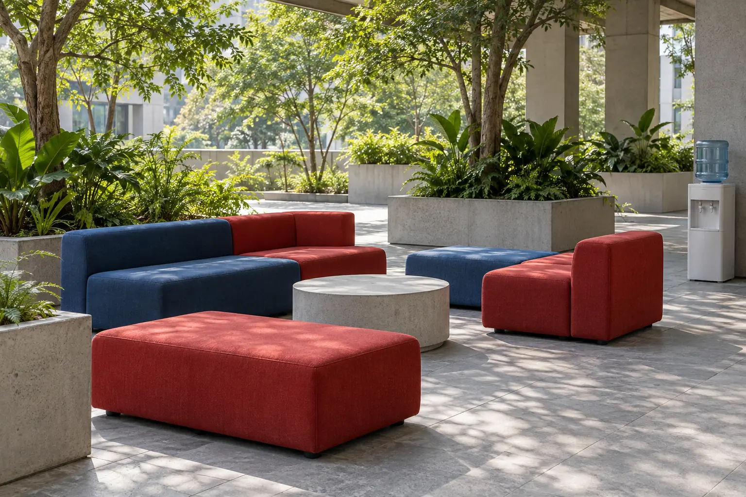 Illustration: Red and blue modular seats form a casual gathering area among concrete planters under shade, with a plain water dispenser nearby, shown wide.