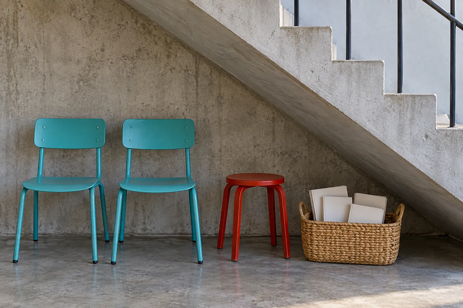 Illustration: Turquoise chairs and a basket of blank booklets sit beside a red stool under concrete stairs, with the stair diagonal defining the wide frame.