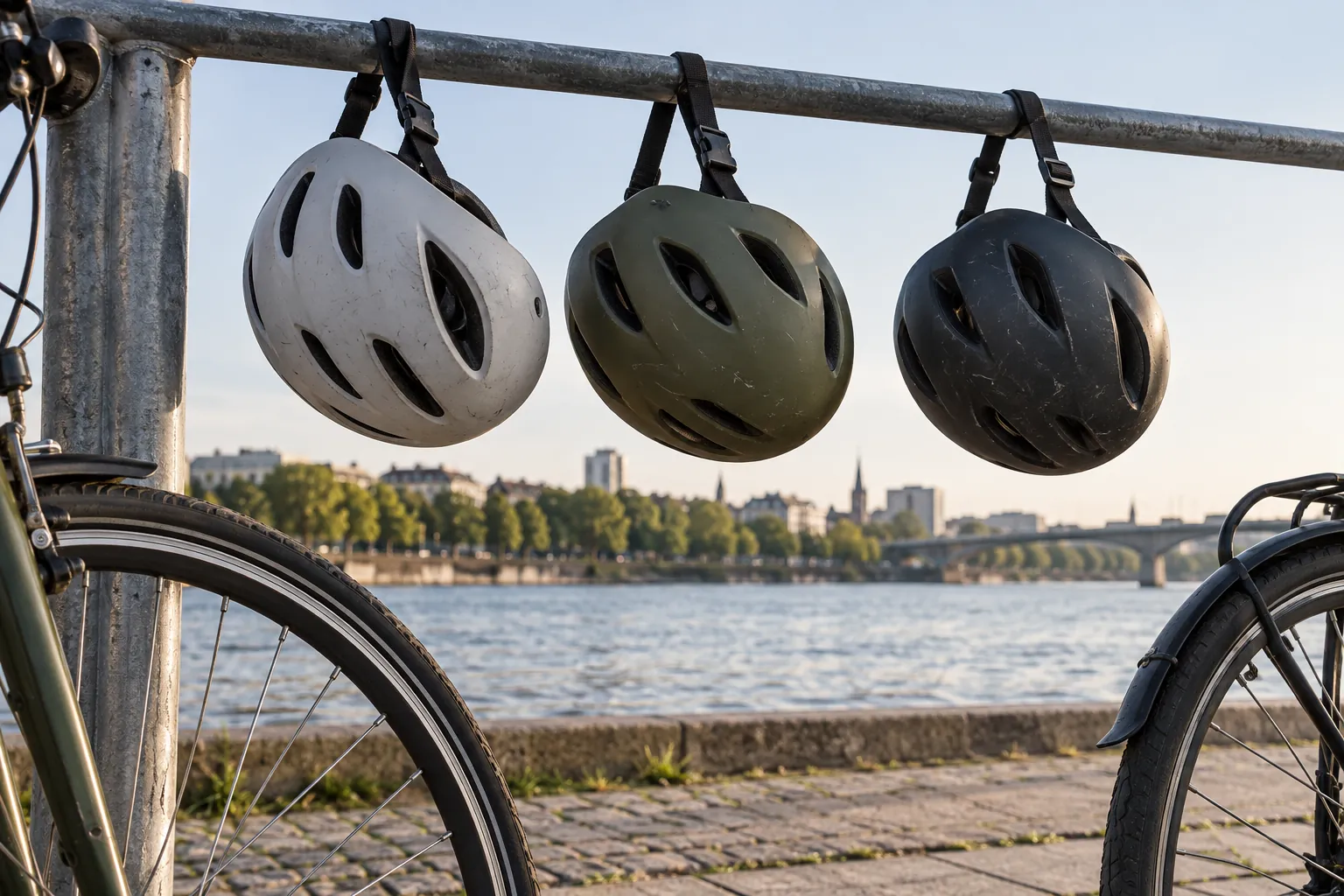 Illustration: Three plain bicycle helmets hang from a steel meeting rail above partial commuter bicycle wheels beside a riverside path, shot low.