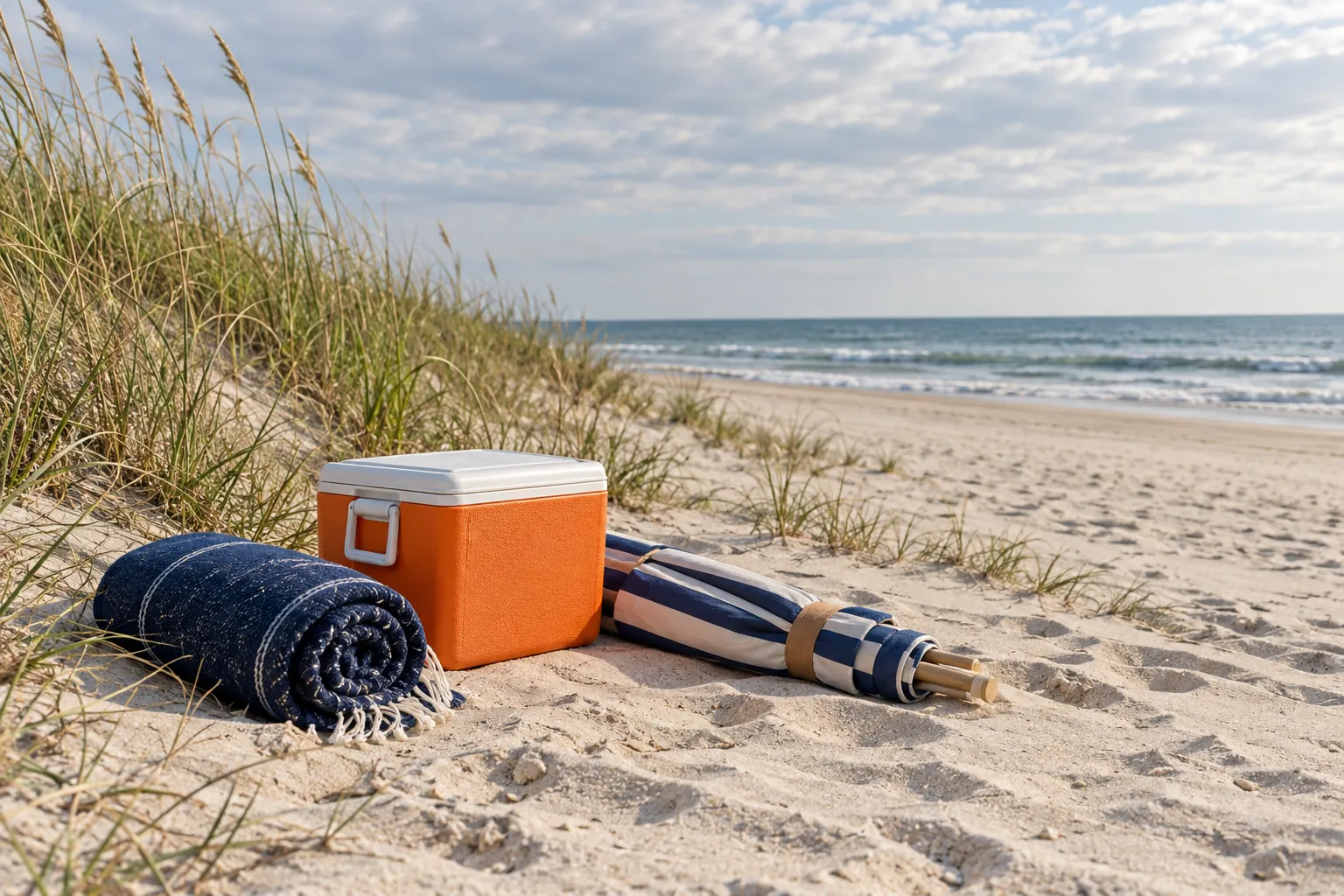 Illustration: A rolled navy blanket, orange cooler and folded striped sunshade rest on clean sand beside dune grass, photographed wide under pale cloud.
