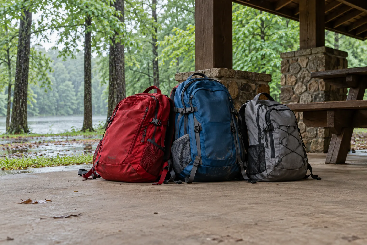 Illustration: Red, blue and gray day bags stand together on a dry concrete floor beneath a park shelter, with wet trees beyond, seen from ground level.