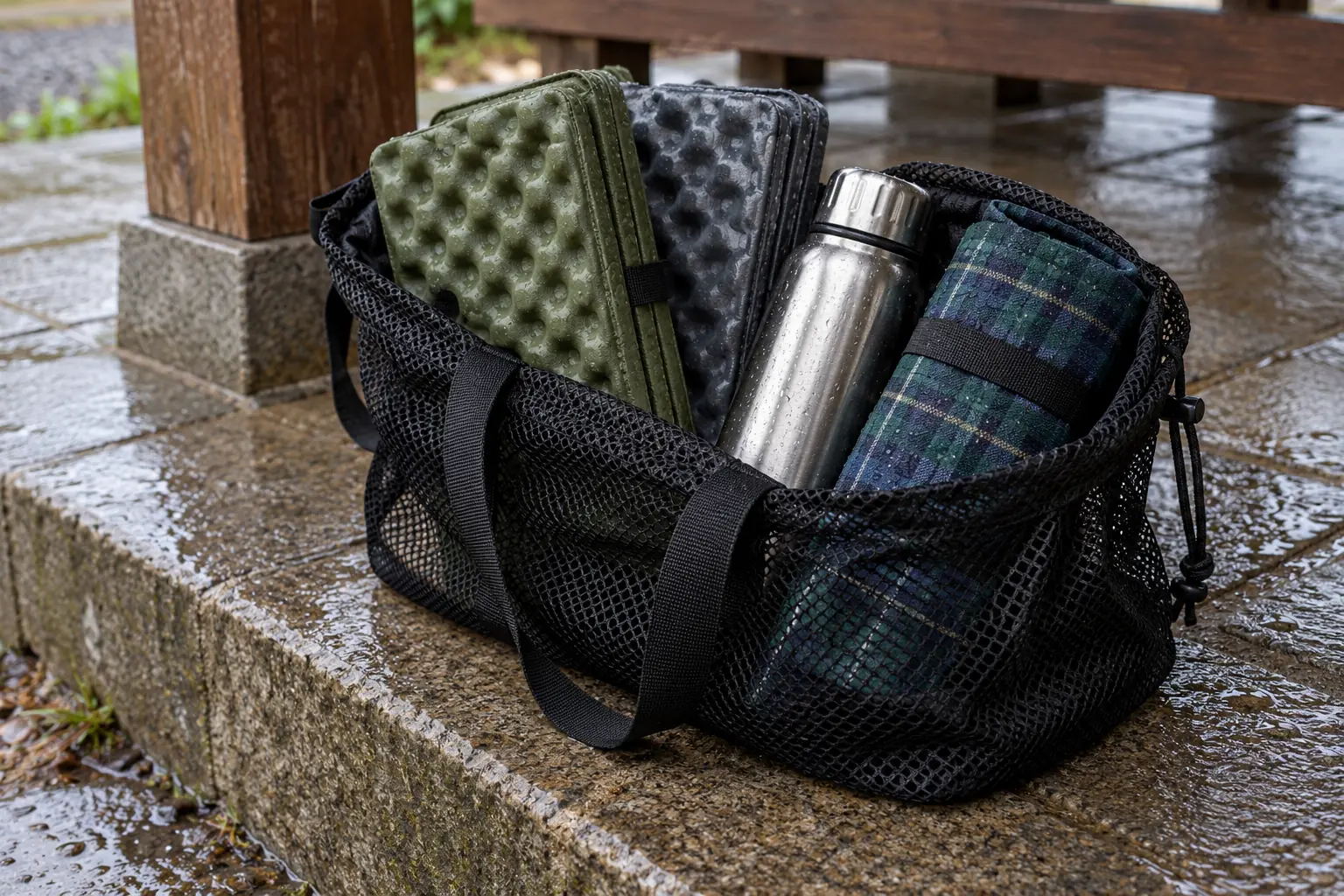 Illustration: Seat pads, a steel flask and checked groundsheet sit in an open mesh bag on a wet pavilion step, in a close oblique view.