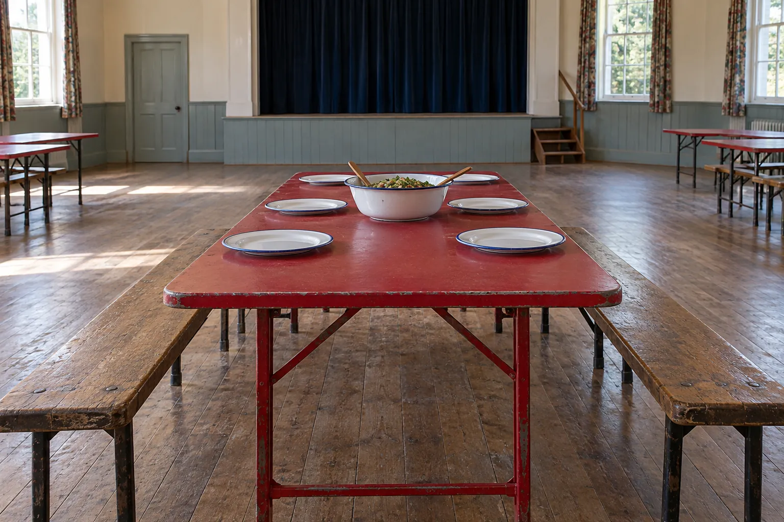 Illustration: Plain enamel plates and a shared serving bowl wait on a red folding table between empty benches in a community hall, shown wide.