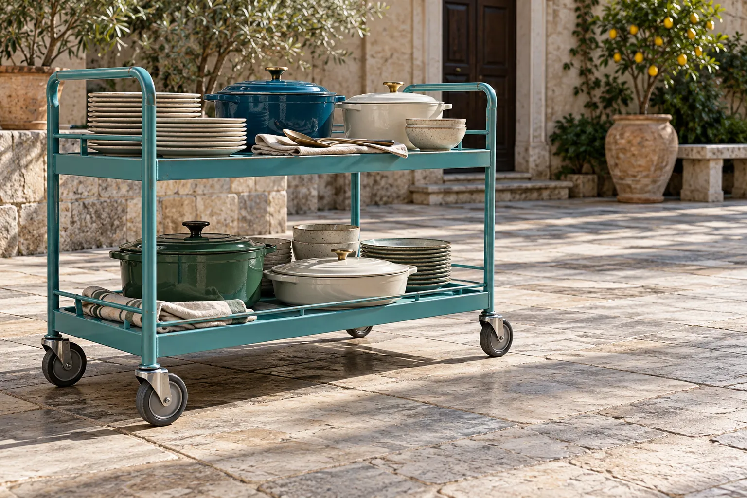 Illustration: A turquoise serving trolley carries stacked plates, covered casseroles and serving spoons through an empty tiled courtyard, shown from a low angle.