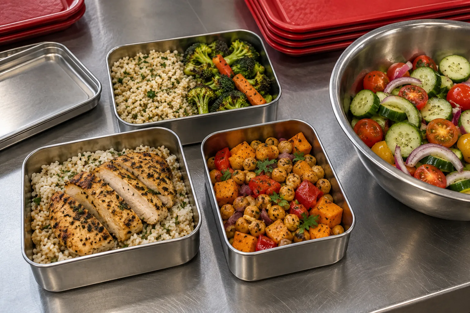 Illustration: Open plain lunch tins and a bowl of vegetables sit on a stainless counter with red trays, in an informal close overhead view.
