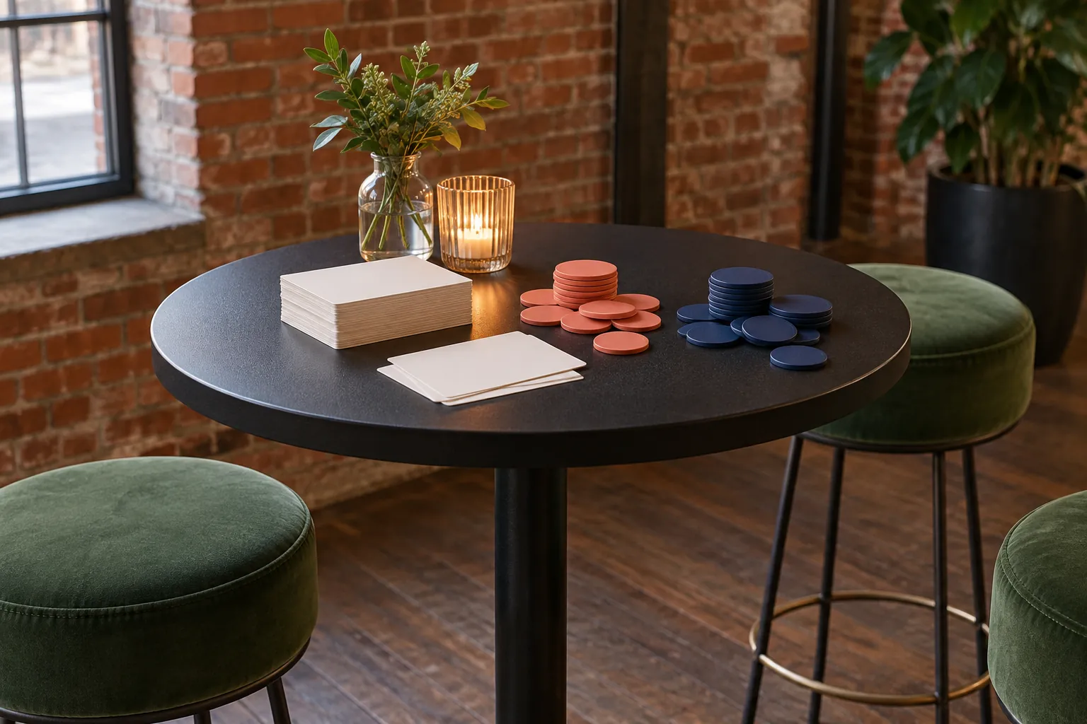 Illustration: Coral and navy tokens and blank prompt cards sit on a black standing table beside green stools in a brick room, with no heart decorations.