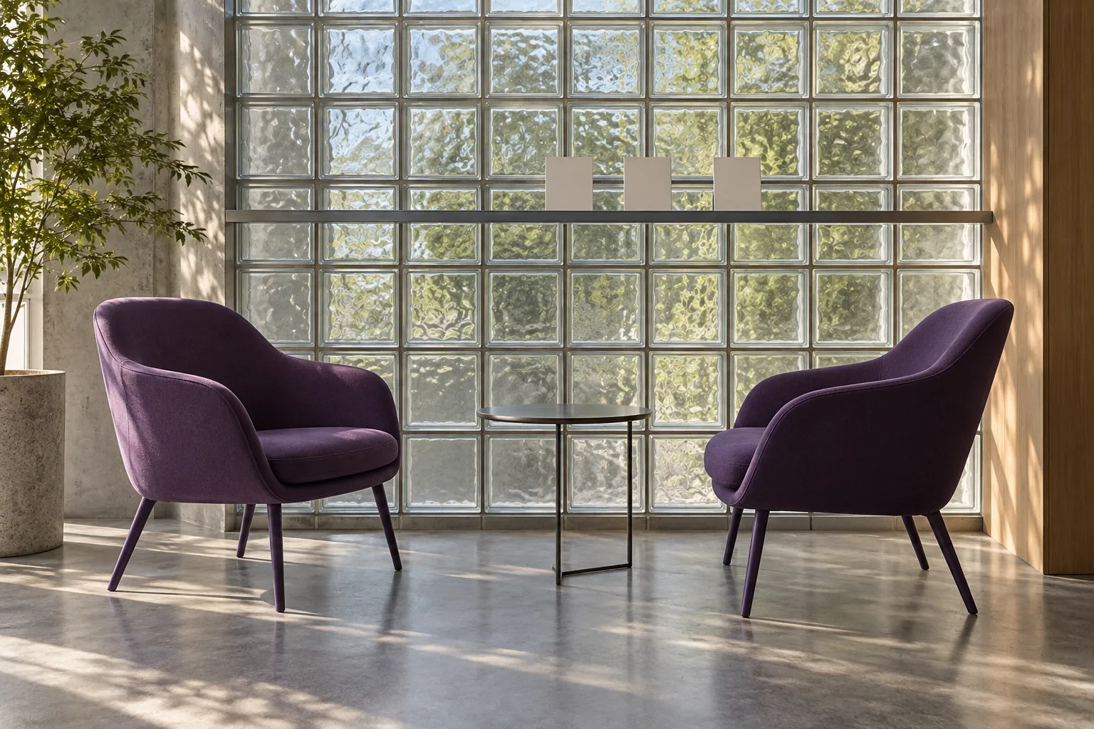 Illustration: Two violet chairs face each other beside a glass-block wall, with a few blank cards resting on a slim metal rail, shown wide and quiet.