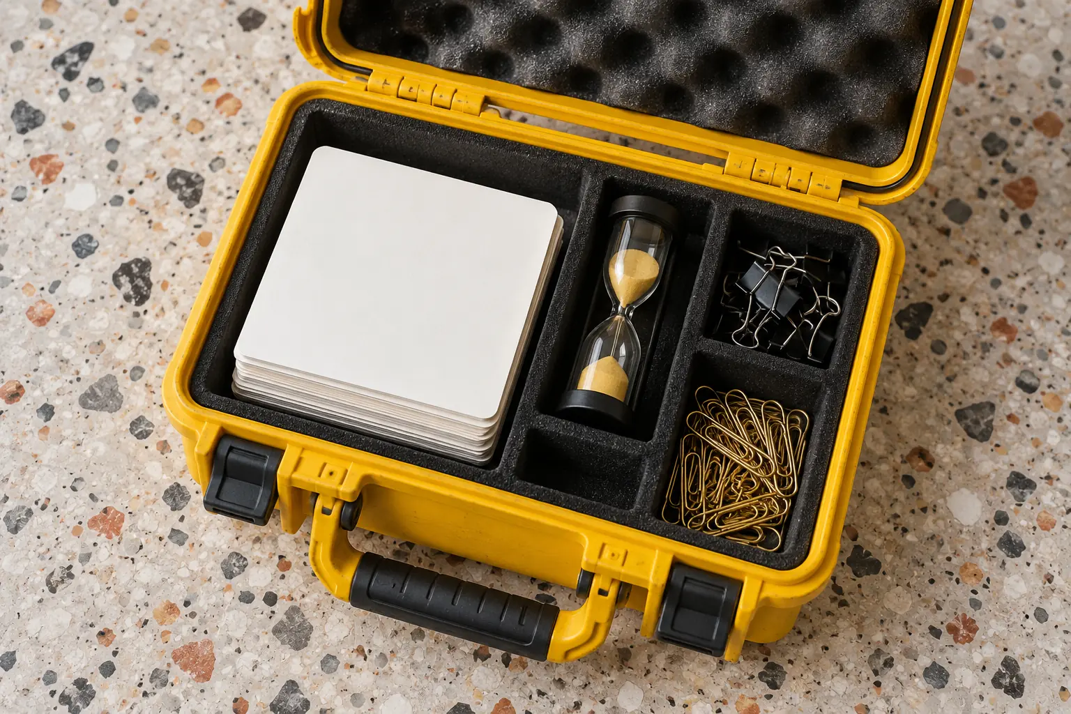 Illustration: An open yellow equipment case holds blank cards, a small sand timer and clips on terrazzo, photographed directly overhead.