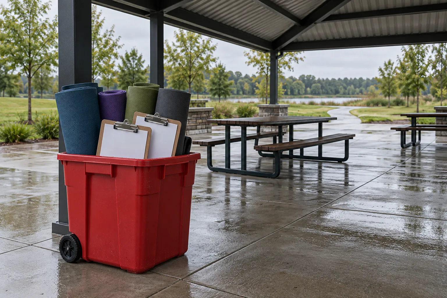 Illustration: A red wheeled bin holds rolled mats and blank clipboards beneath a steel park pavilion, with wet gray paving and a wide angled composition.