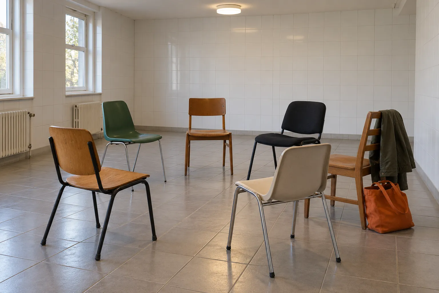 Illustration: Six mismatched chairs make a loose circle in a white-tiled room, with an orange tote and folded jacket, lit by ordinary ceiling lights.