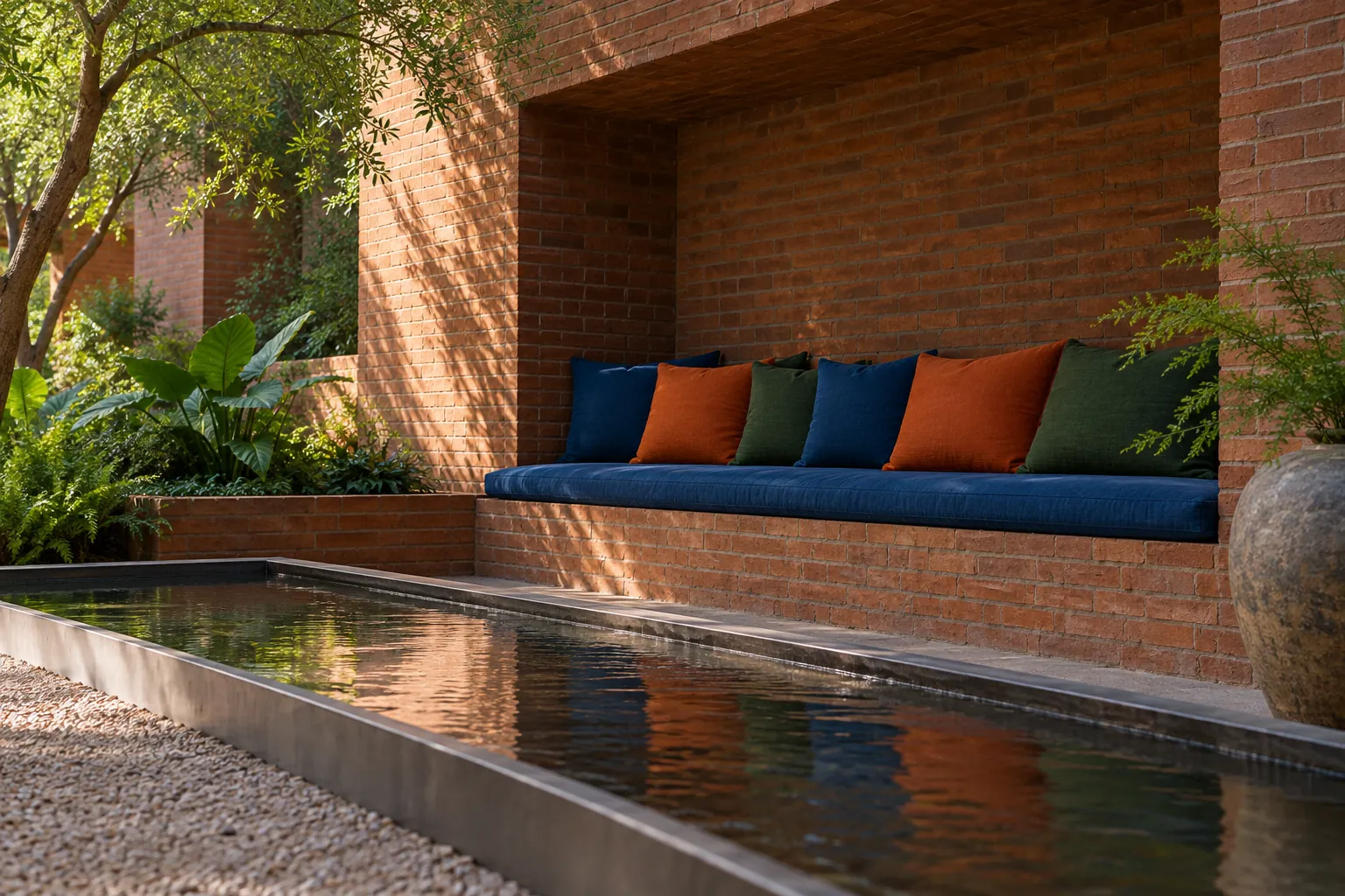 Illustration: Cobalt, burnt-orange and forest-green cushions line a deep brick seating recess, with a steel water tray at ground level, framed low and wide.