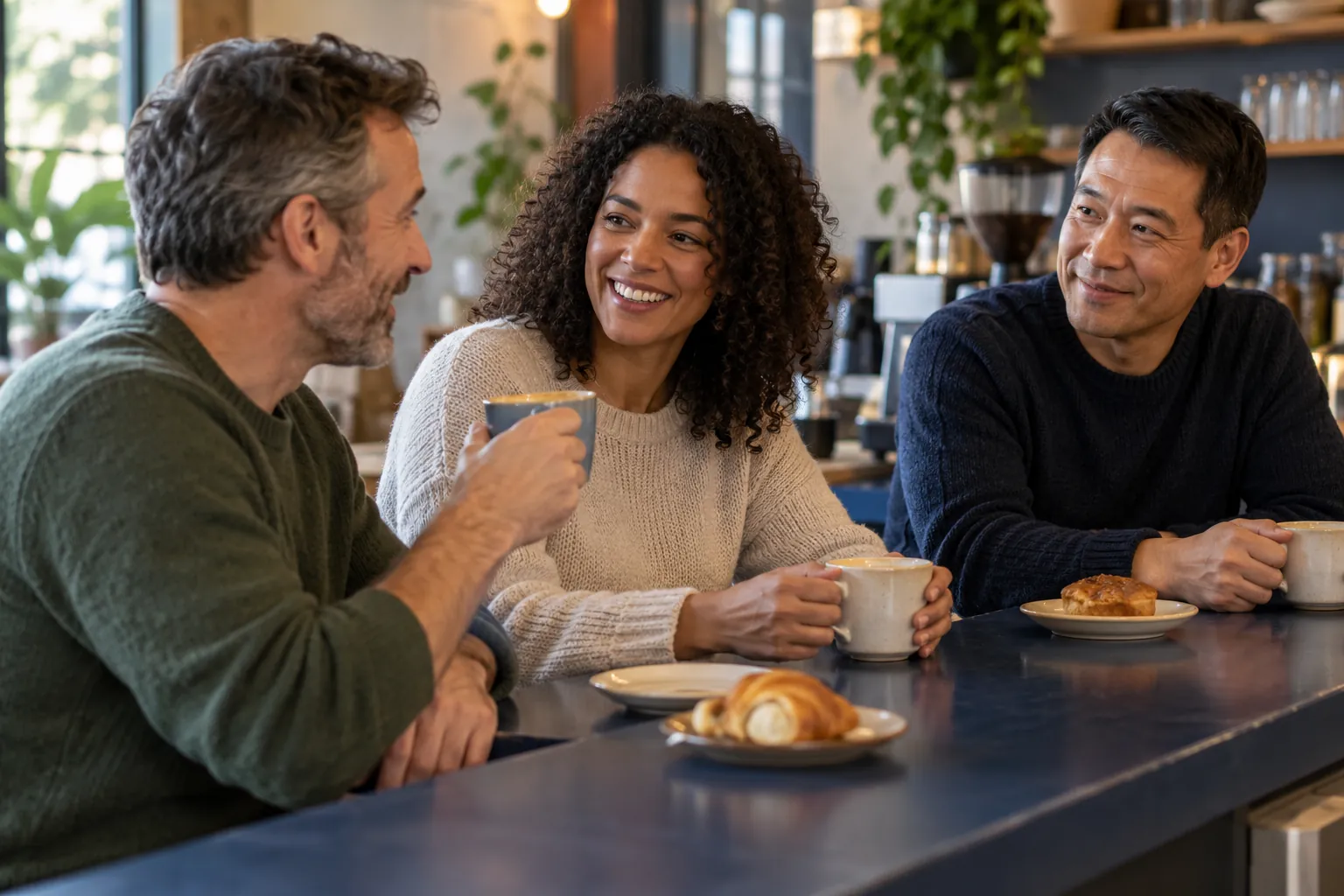 Illustration: Three adults aged 30 to 60 chat at a deep blue café counter, one turning toward the others with a cup in hand.