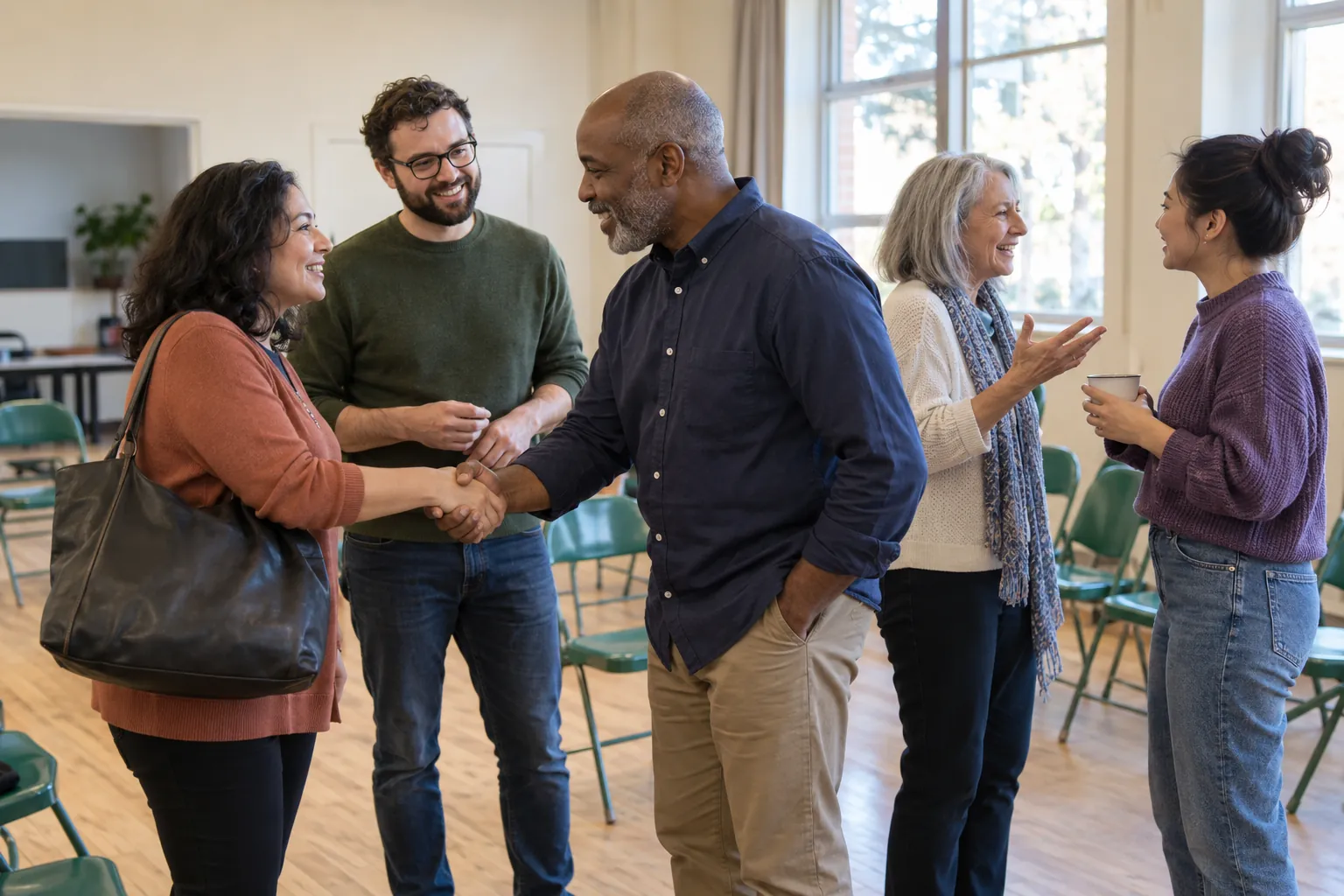 Illustration: Five adults of different ages greet one another in a small neighborhood hall with green folding chairs.