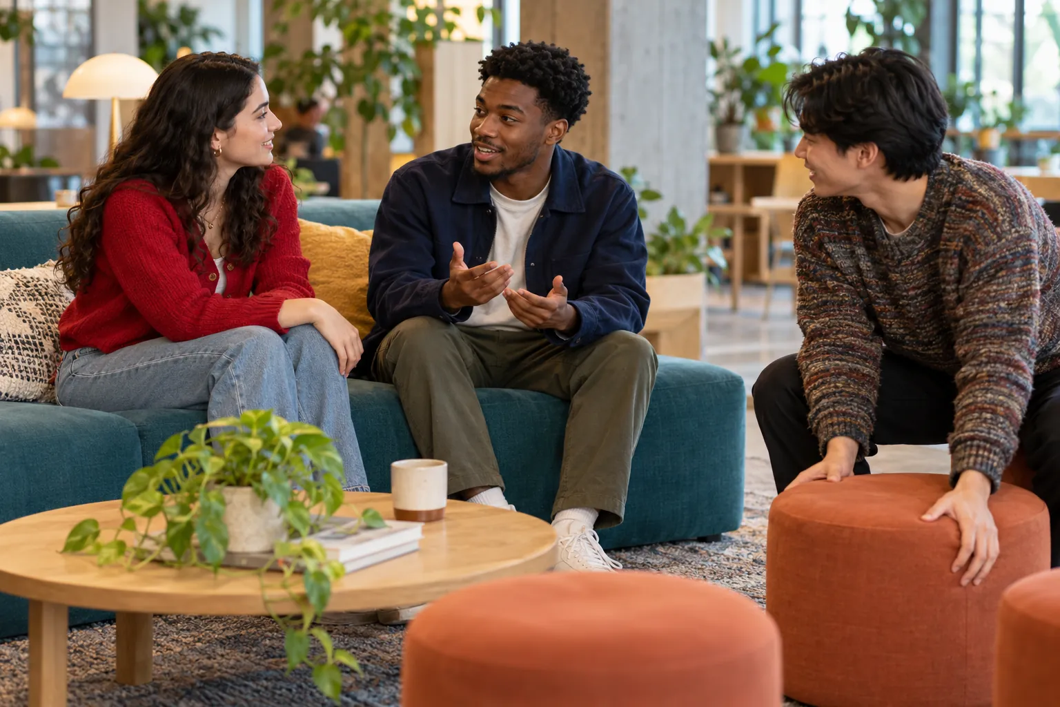 Illustration: Three young adults settle into conversation in a community hub.