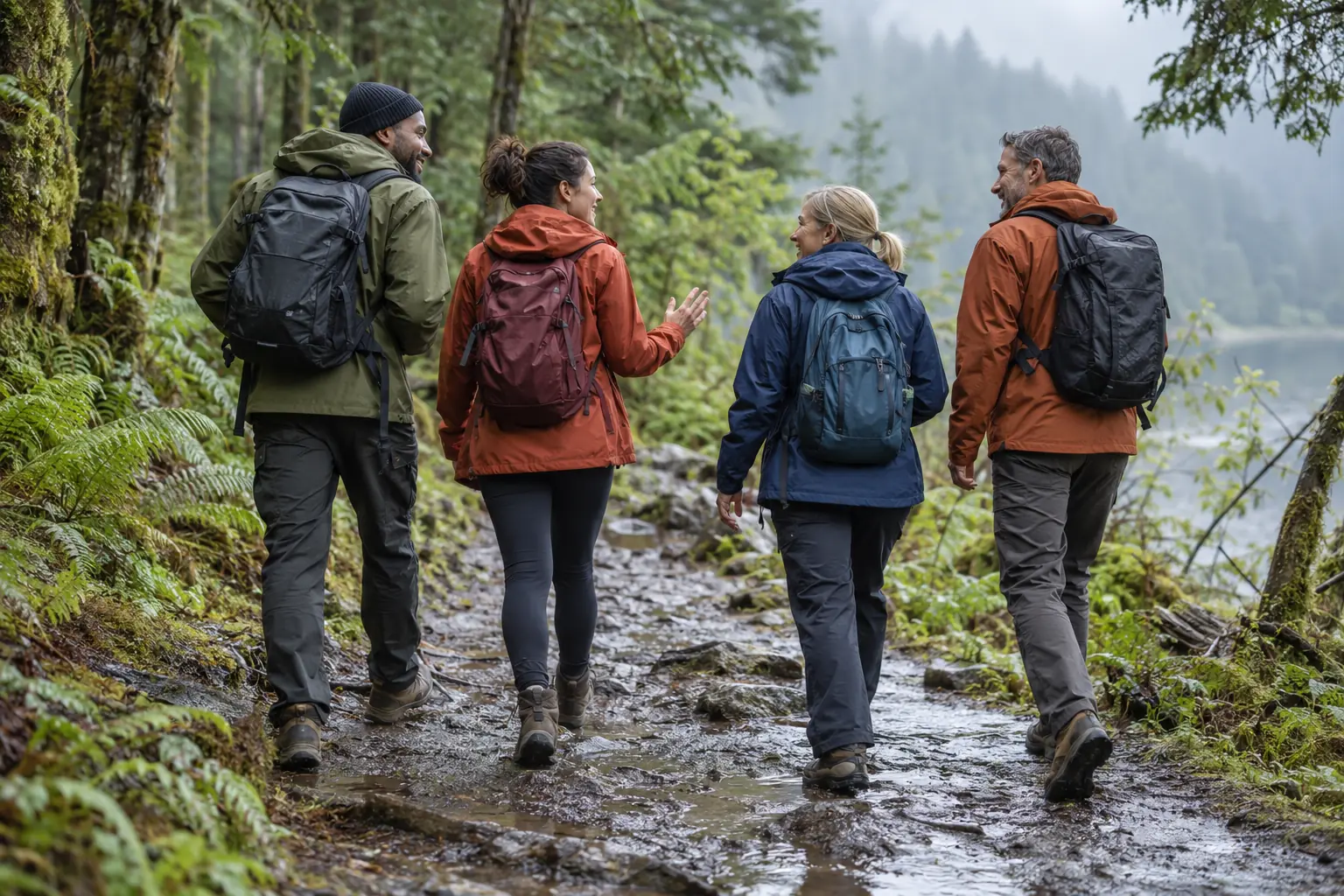 Illustration: Four adult friends walk along a wet woodland path in olive, rust and navy rain jackets, talking to one another.