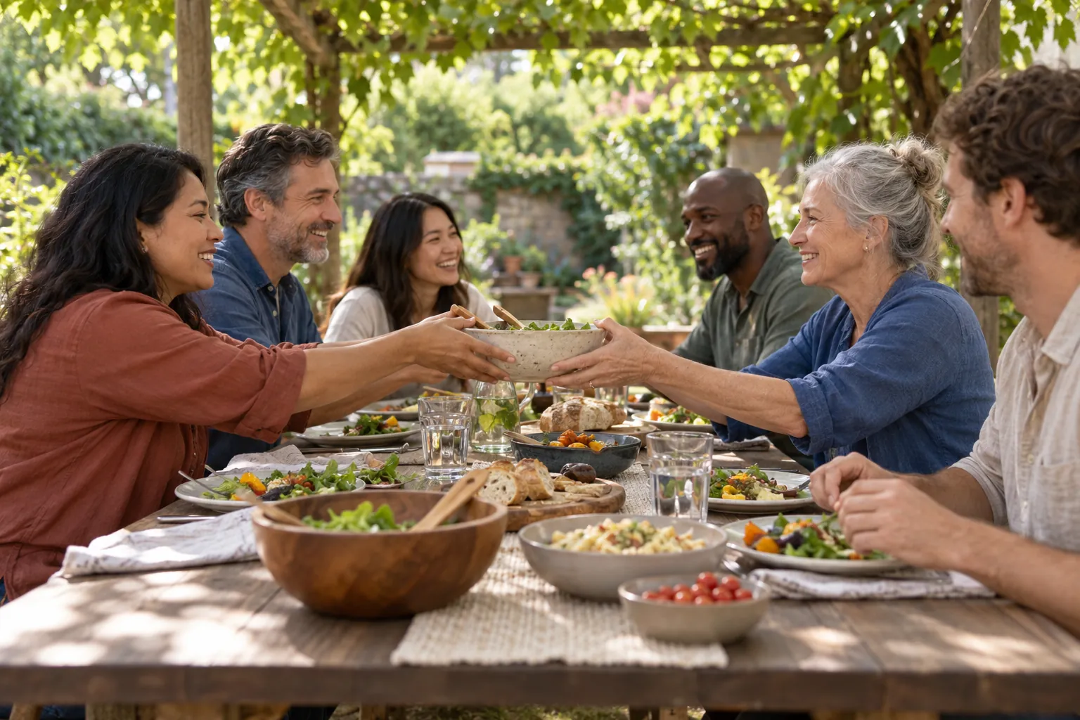 Illustration: Six adults share a simple potluck lunch under a leafy pergola, passing one plain bowl between neighbors at a long outdoor table.