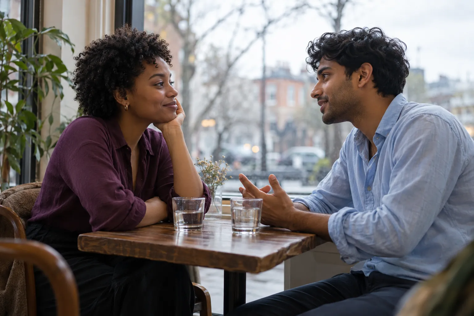 Illustration: Two young adults get to know one another at a cafe window seat.