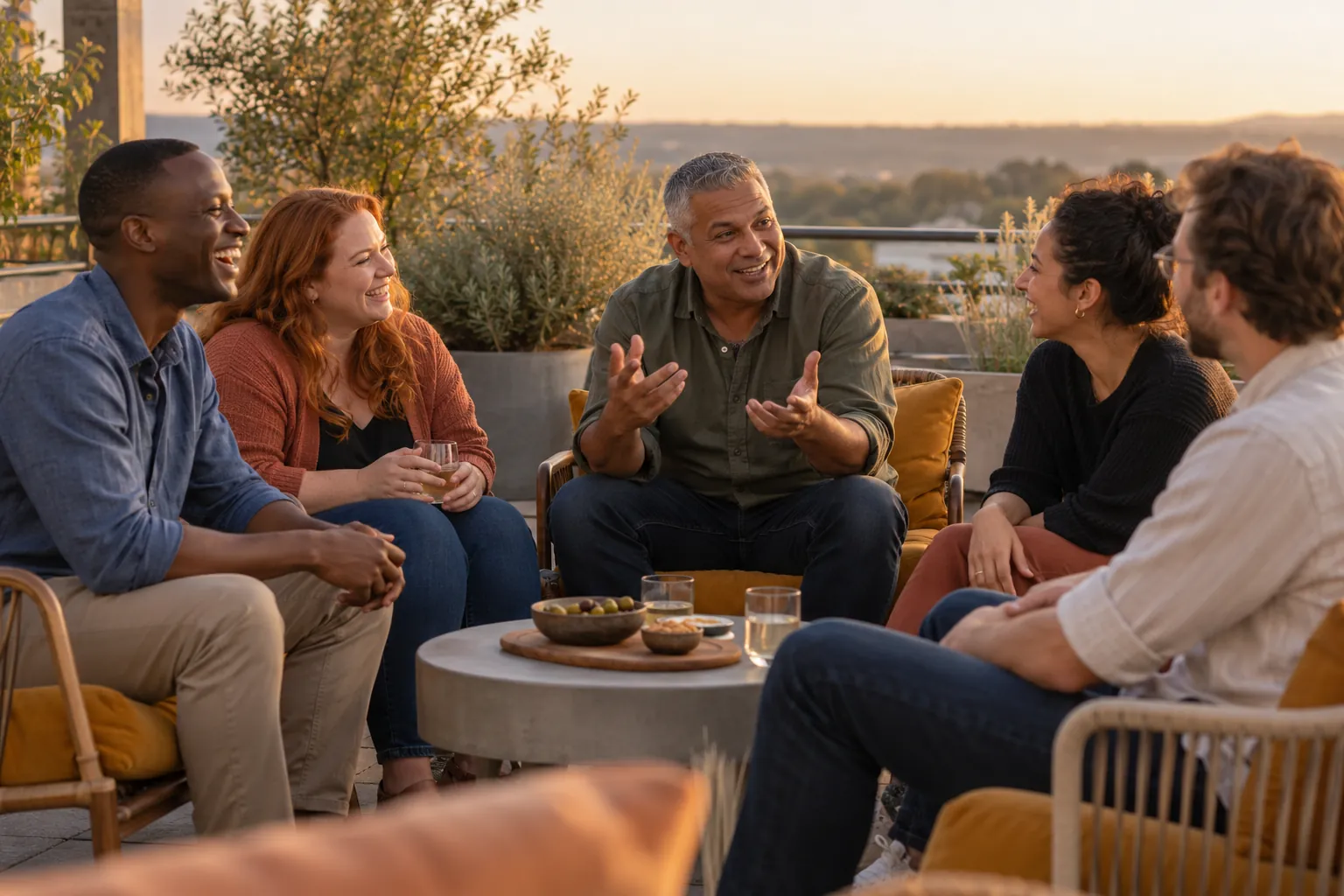 Illustration: Five adults sit casually on mismatched rooftop terrace chairs, one telling a story while two others laugh naturally.