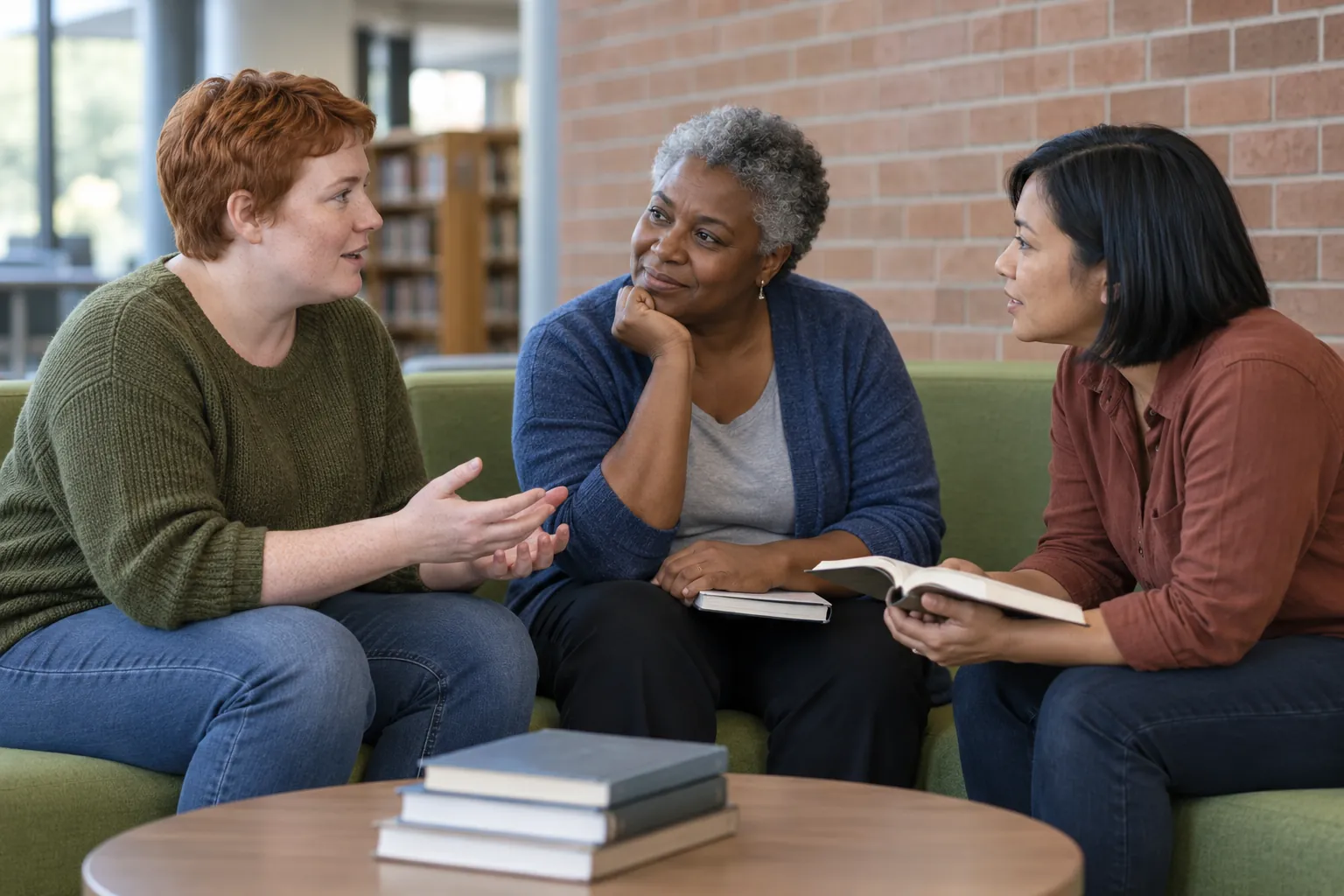 Illustration: Three adult friends talk quietly in a library lobby with a brick wall and a long green bench.