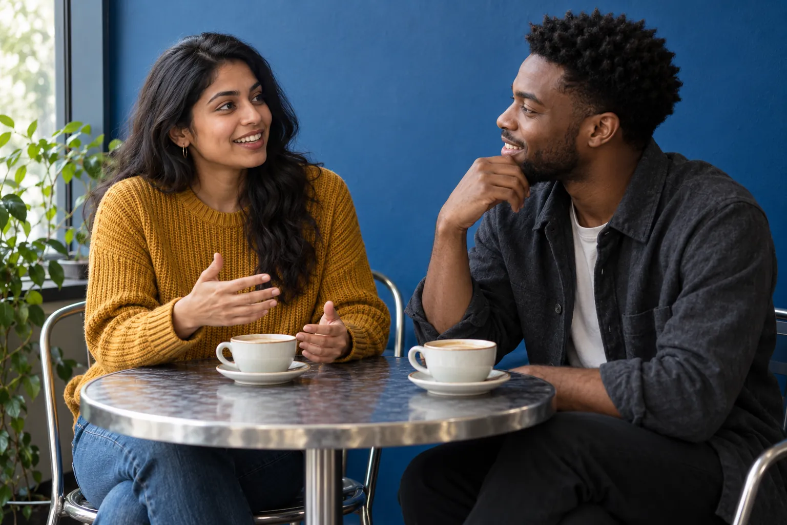 Illustration: Two young adults in their 20s talk over coffee at a small café table.