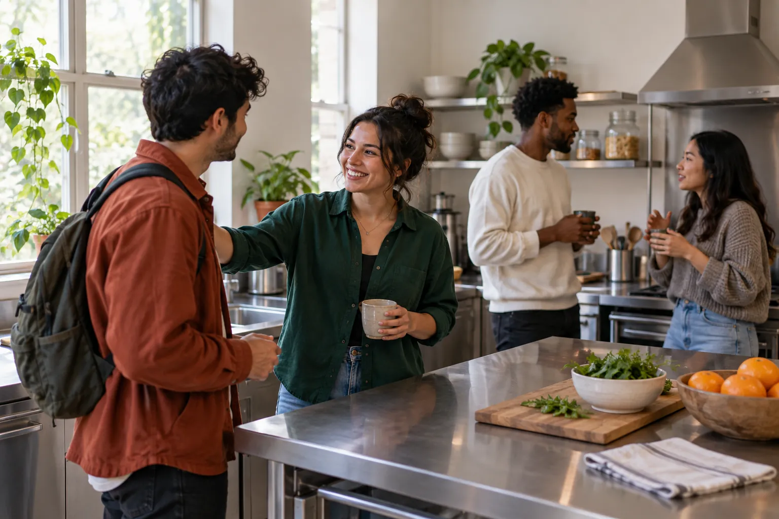 Illustration: Four adults make introductions in a community kitchen beside a clean stainless counter.