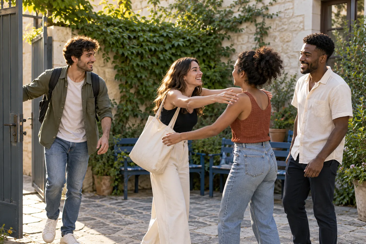 Illustration: Four young adults greet one another in a leafy courtyard beside blue benches.