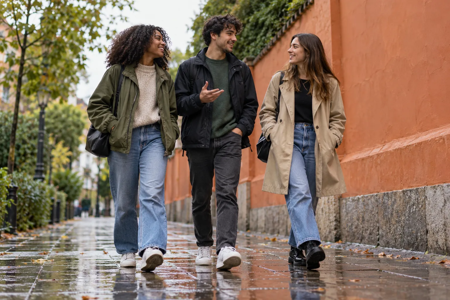 Illustration: Three young adults walk together along an anonymous neighborhood pavement after rain.