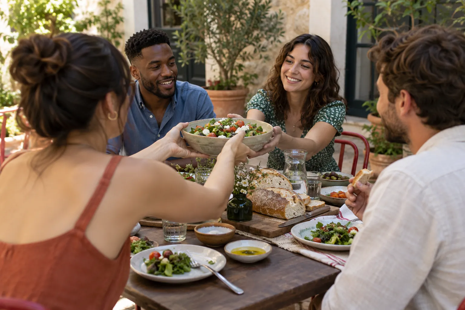 Illustration: Four young adults share food and pass a salad bowl at a courtyard meal.