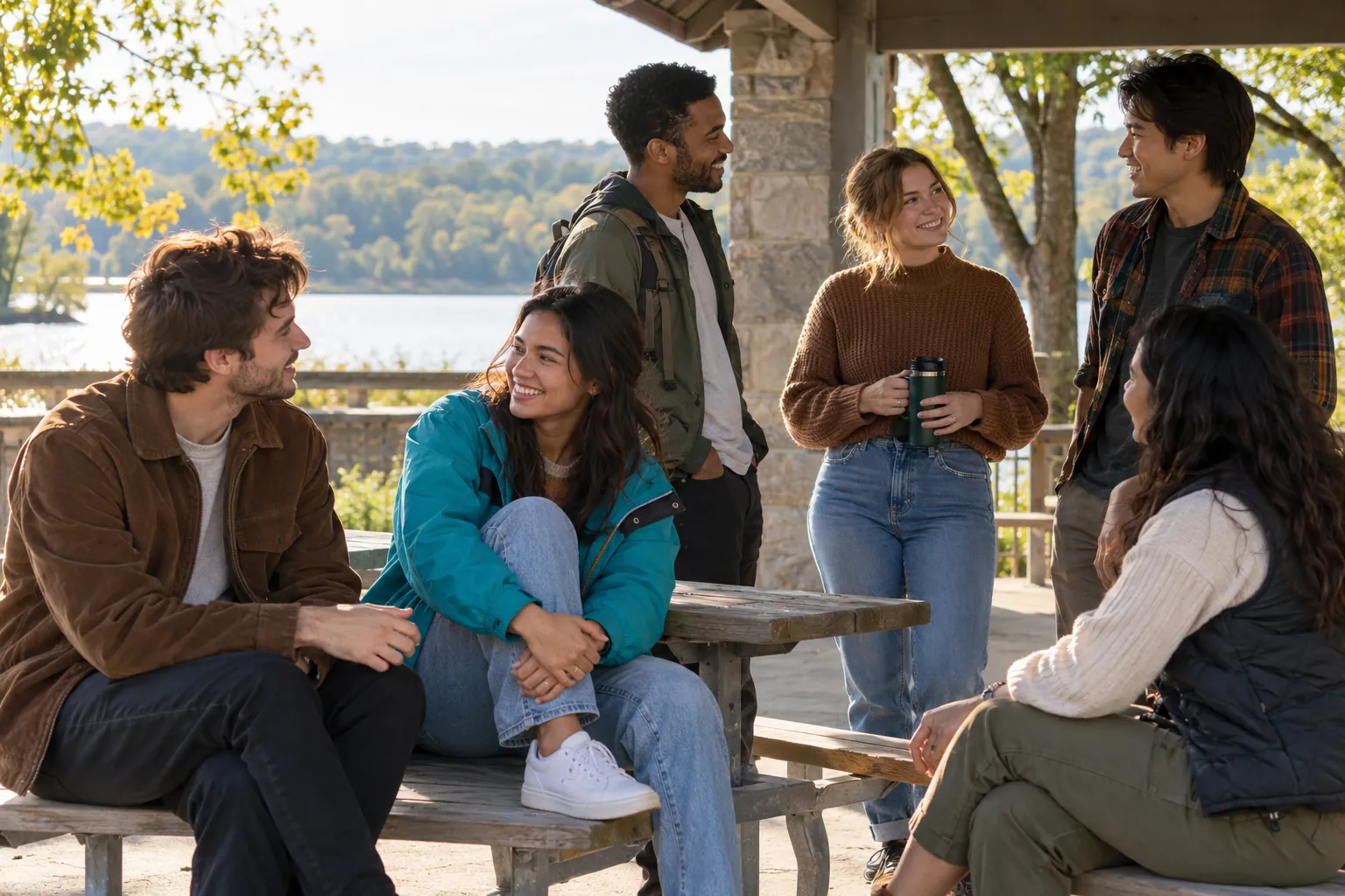 Illustration: Six young adults chat in two small clusters around a park pavilion.