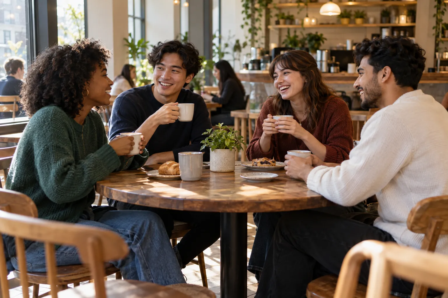 Illustration: Young adults take part in newcomers chatting over coffee at a cafe.