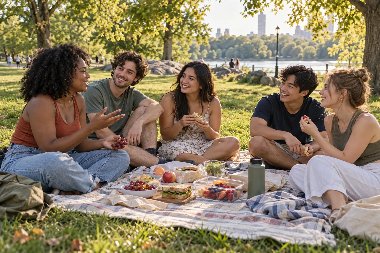 Illustration: Young adults take part in young adults sharing snacks at a relaxed park picnic.