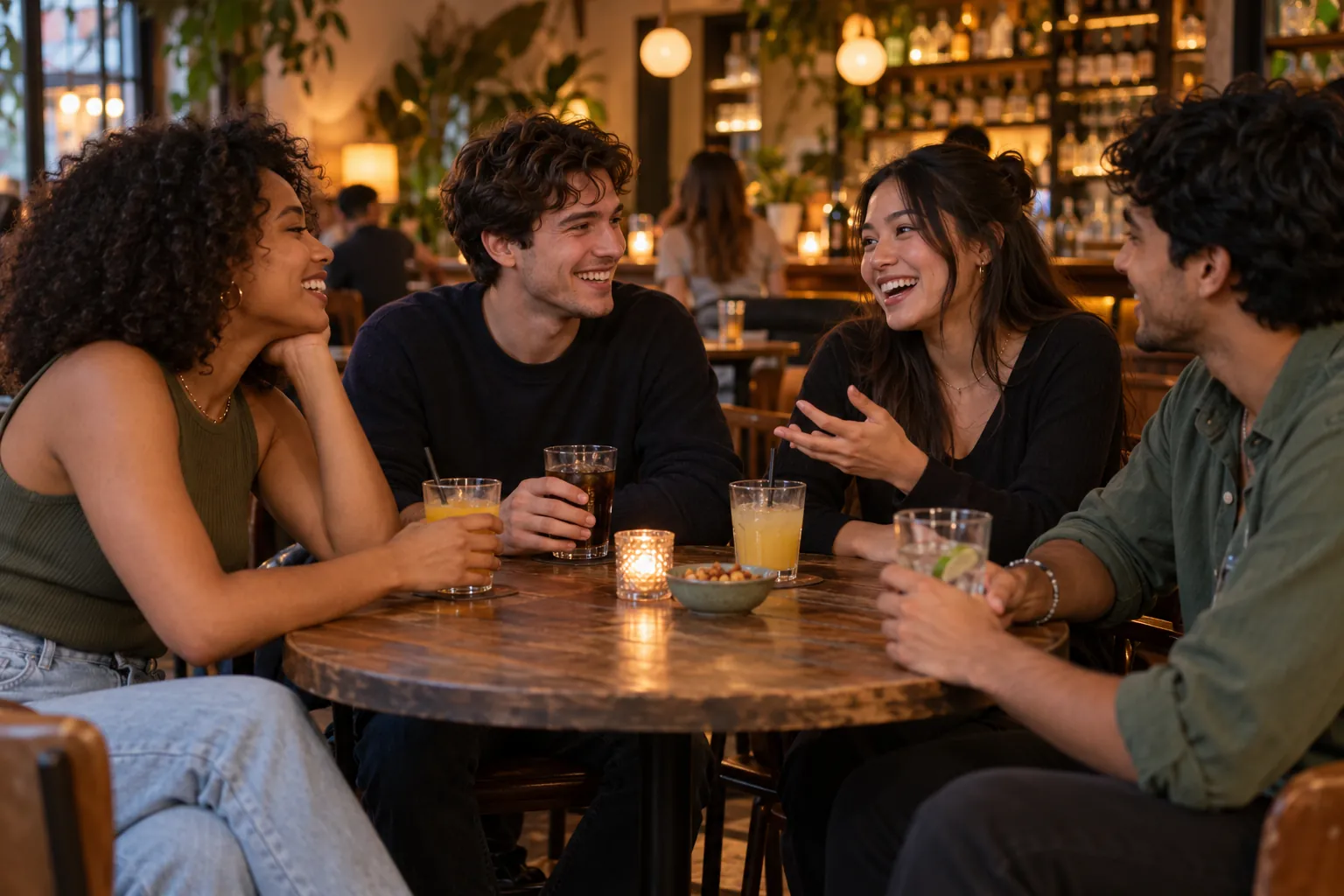 Illustration: Young adults take part in friends meeting for drinks at a cozy neighborhood bar.