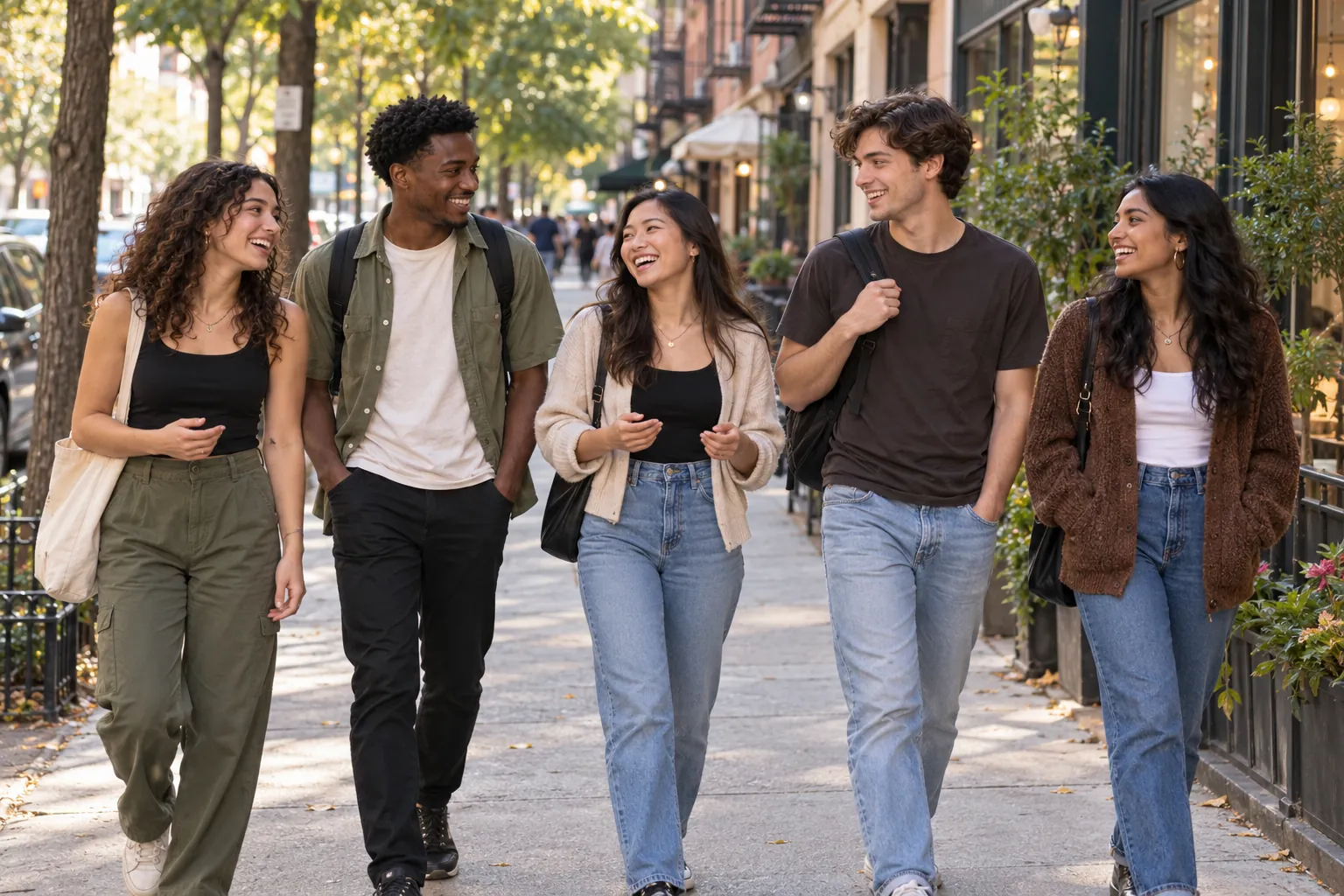 Illustration: Young adults take part in a small group strolling together along a leafy city street.
