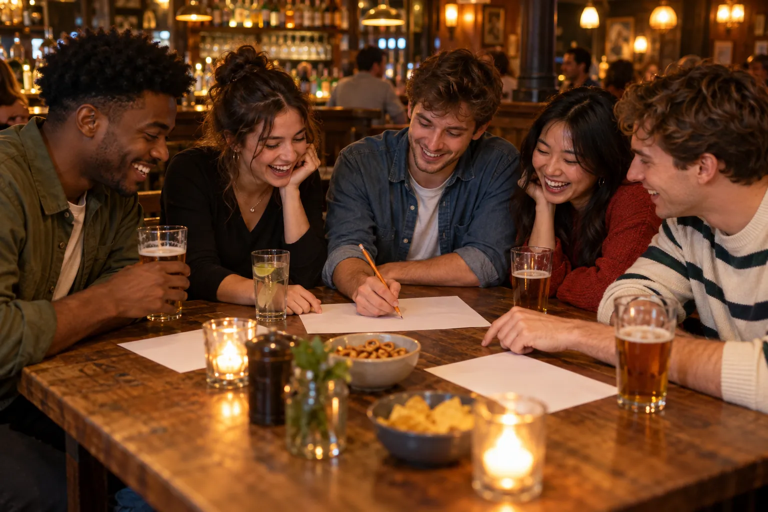 Illustration: Young adults take part in friends laughing around a pub quiz table with blank answer sheets.
