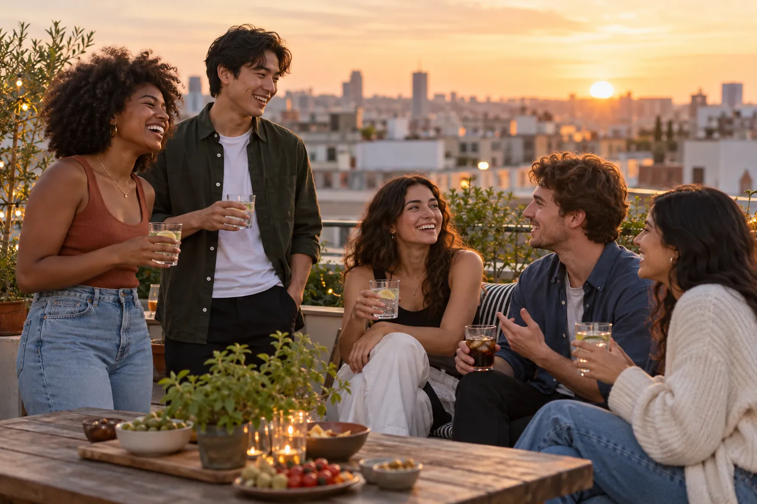 Illustration: Young adults take part in a welcoming rooftop social at sunset.