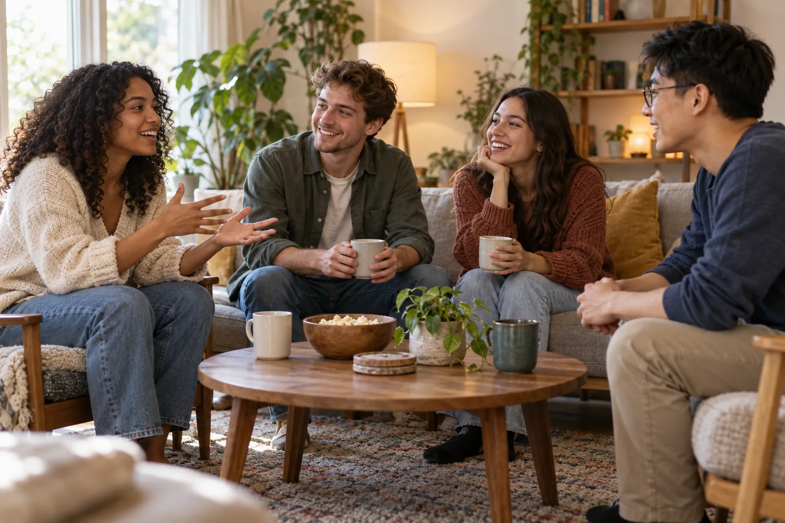 Illustration: Young adults take part in friends catching up around a living-room coffee table.