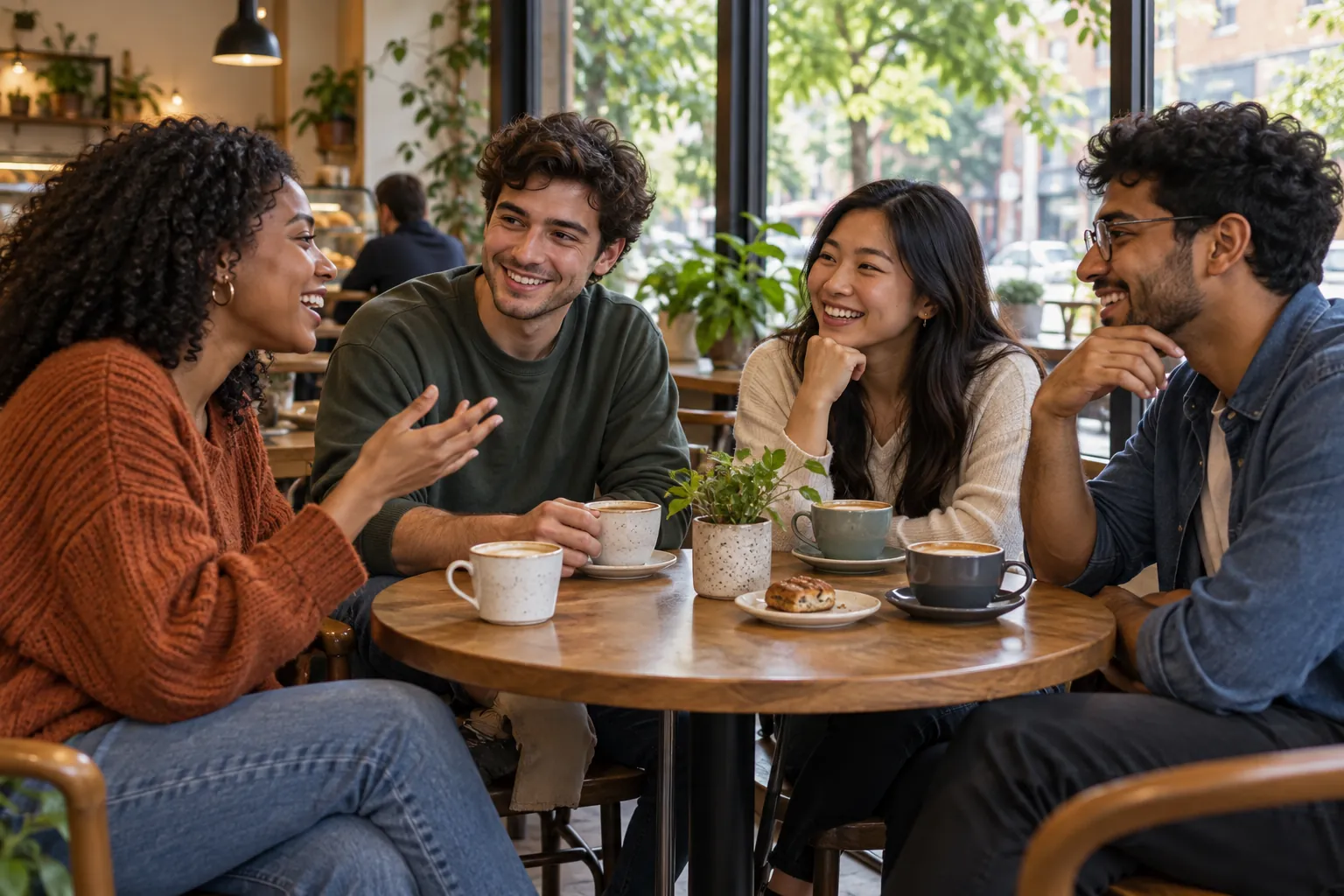 Illustration: Young adults take part in newcomers chatting over coffee at a cafe.