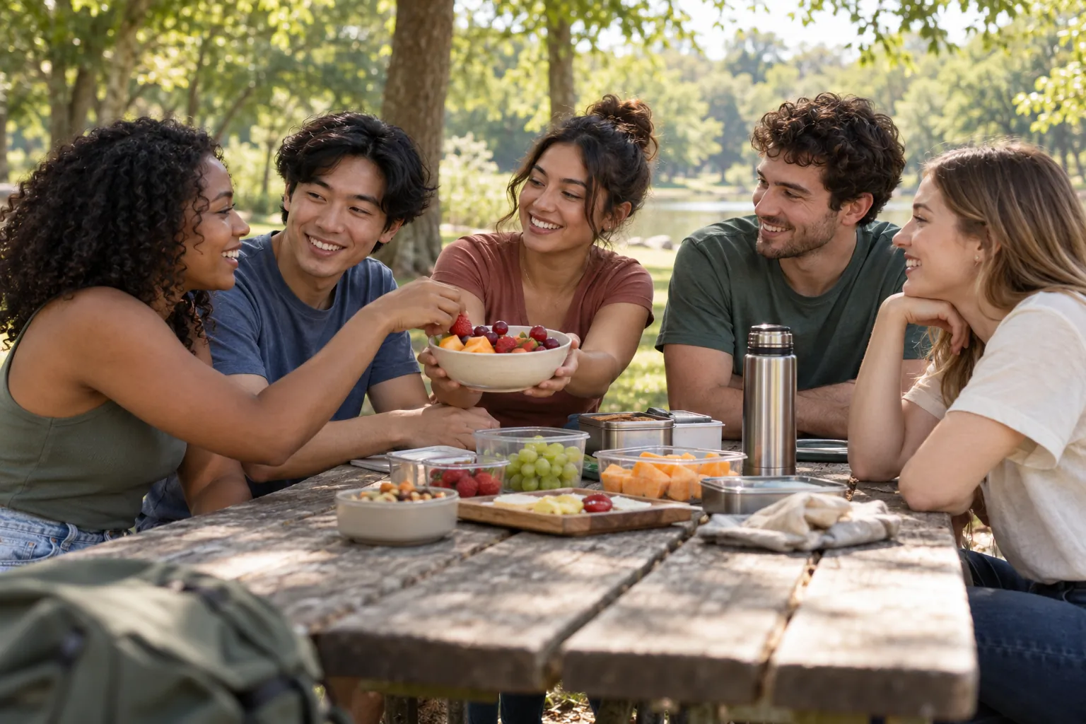 Illustration: Young adults take part in young adults sharing snacks at a relaxed park picnic.