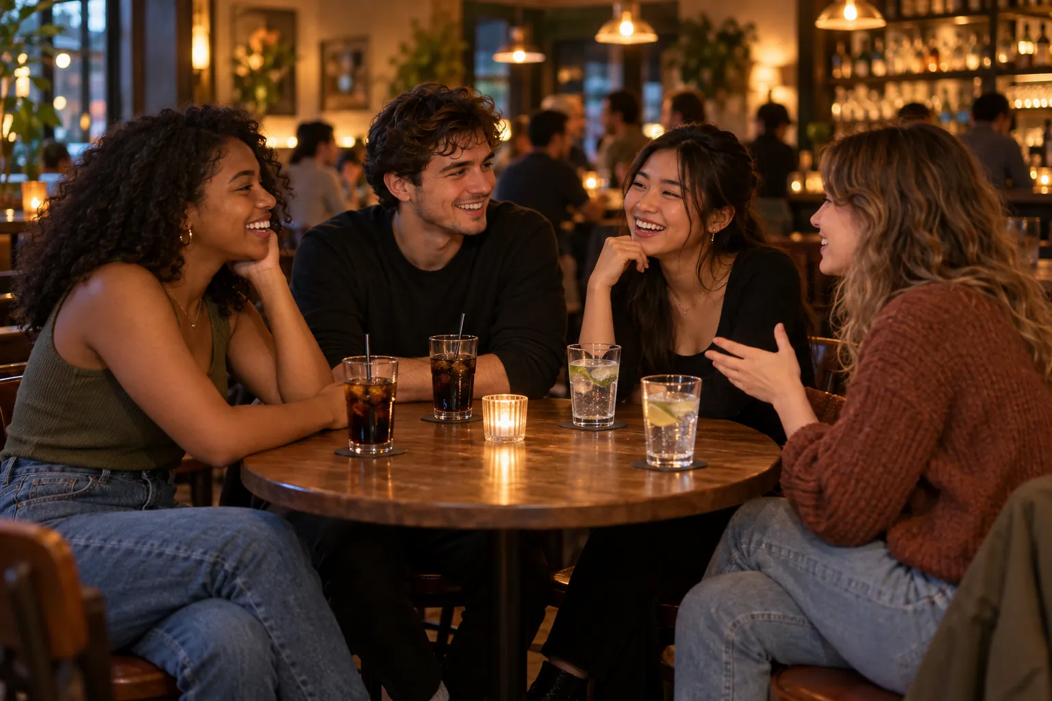 Illustration: Young adults take part in friends meeting for drinks at a cozy neighborhood bar.