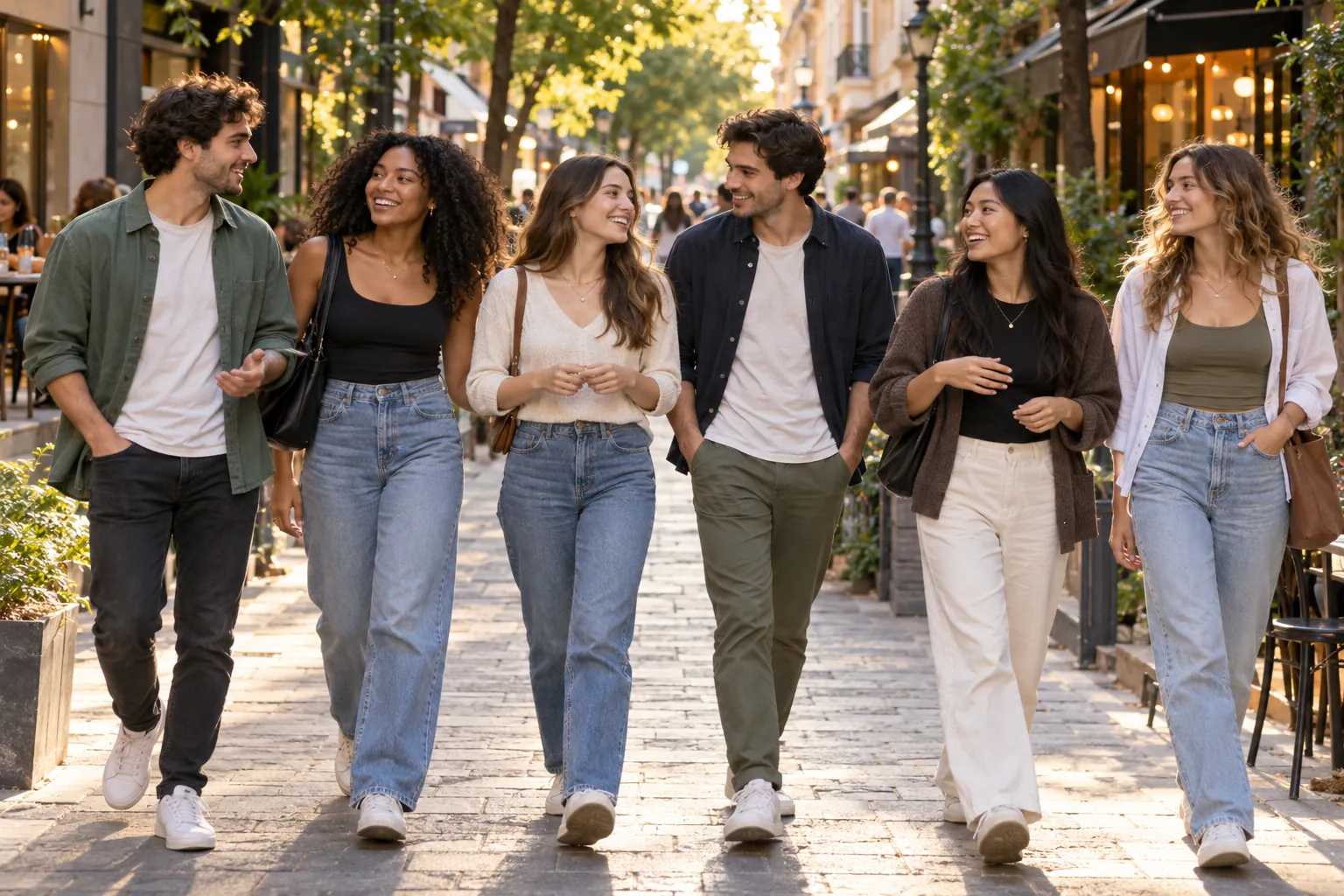 Illustration: Young adults take part in a small group strolling together along a leafy city street.