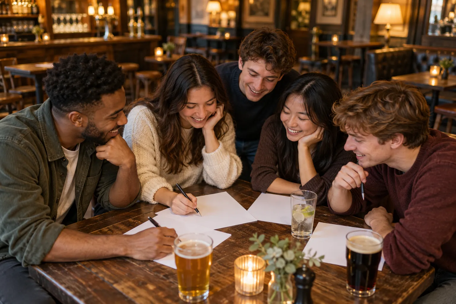 Illustration: Young adults take part in friends laughing around a pub quiz table with blank answer sheets.