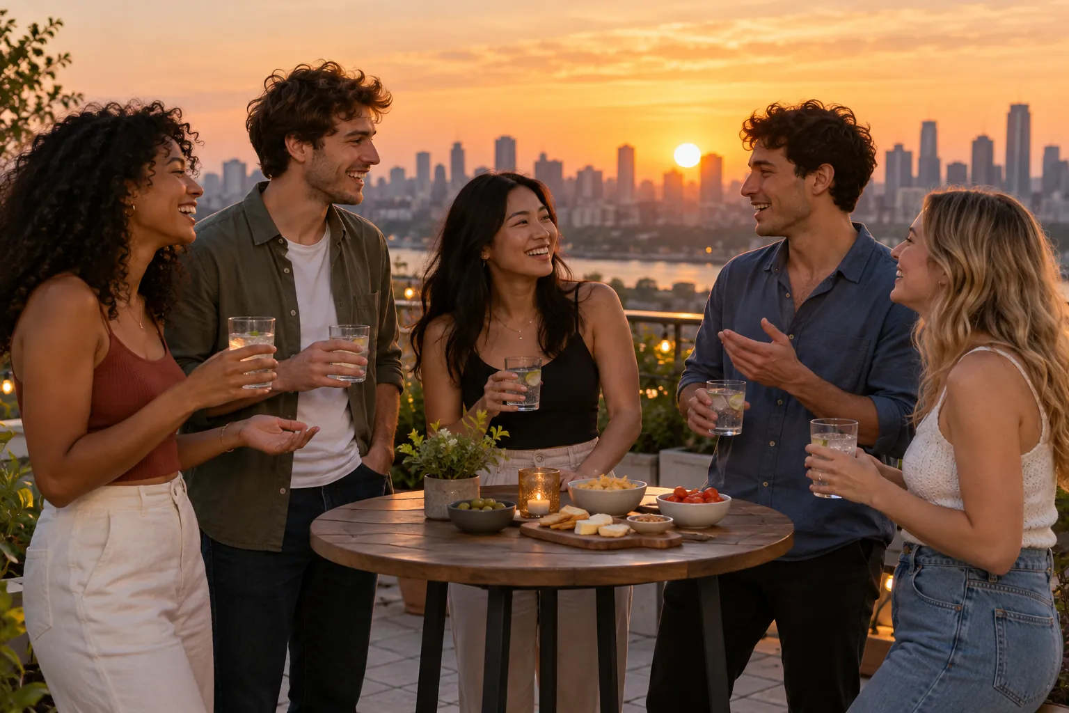 Illustration: Young adults take part in a welcoming rooftop social at sunset.