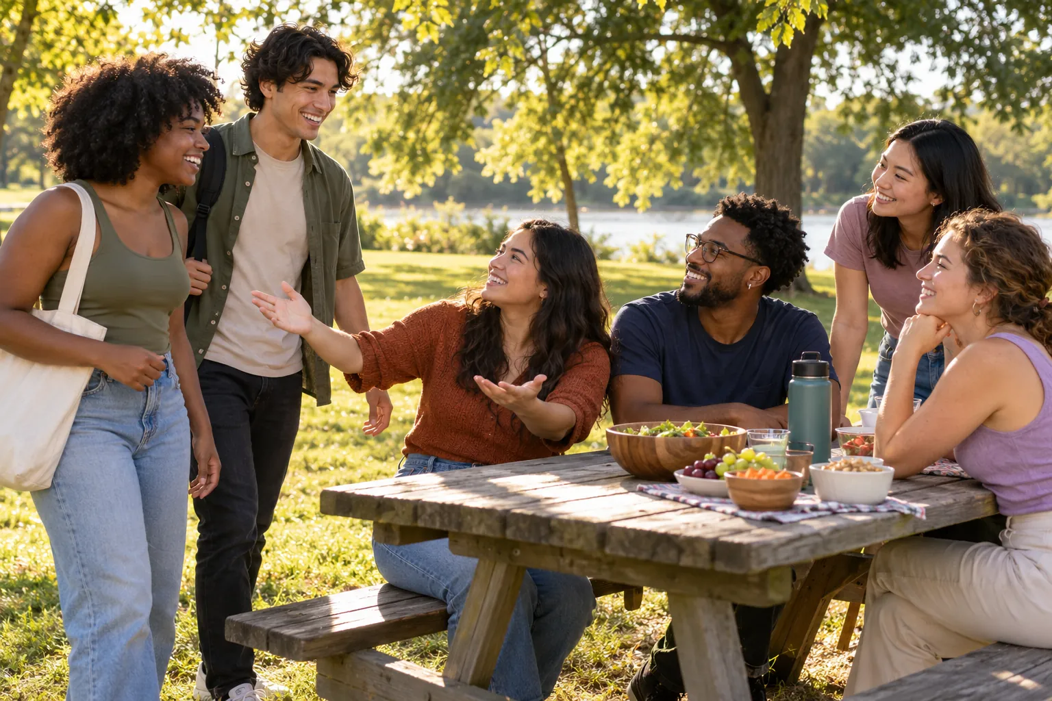 Illustration: Young adults take part in young adults meeting at an outdoor community event.